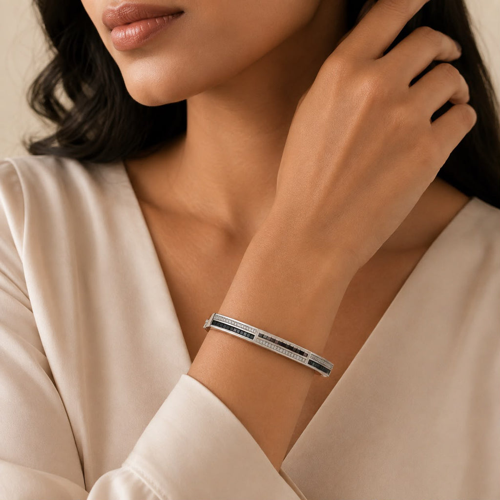 Silver Black Geometric Bangle