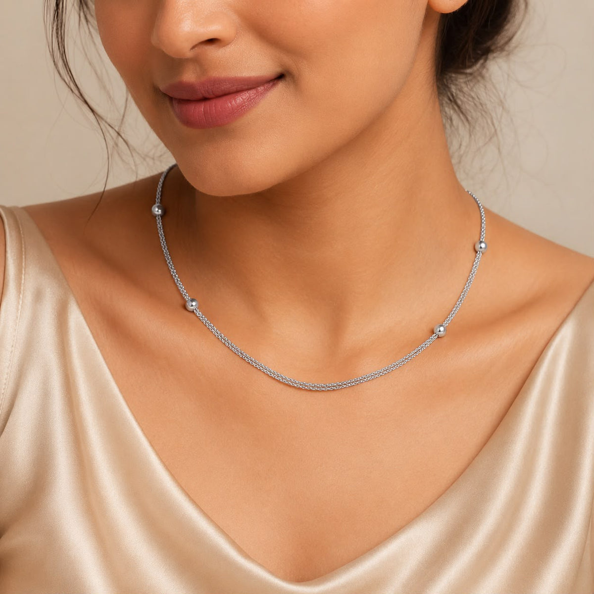 Silver Triple Strand Bead Necklace