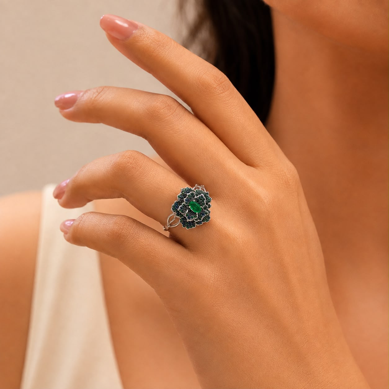Green Floral Statement Ring
