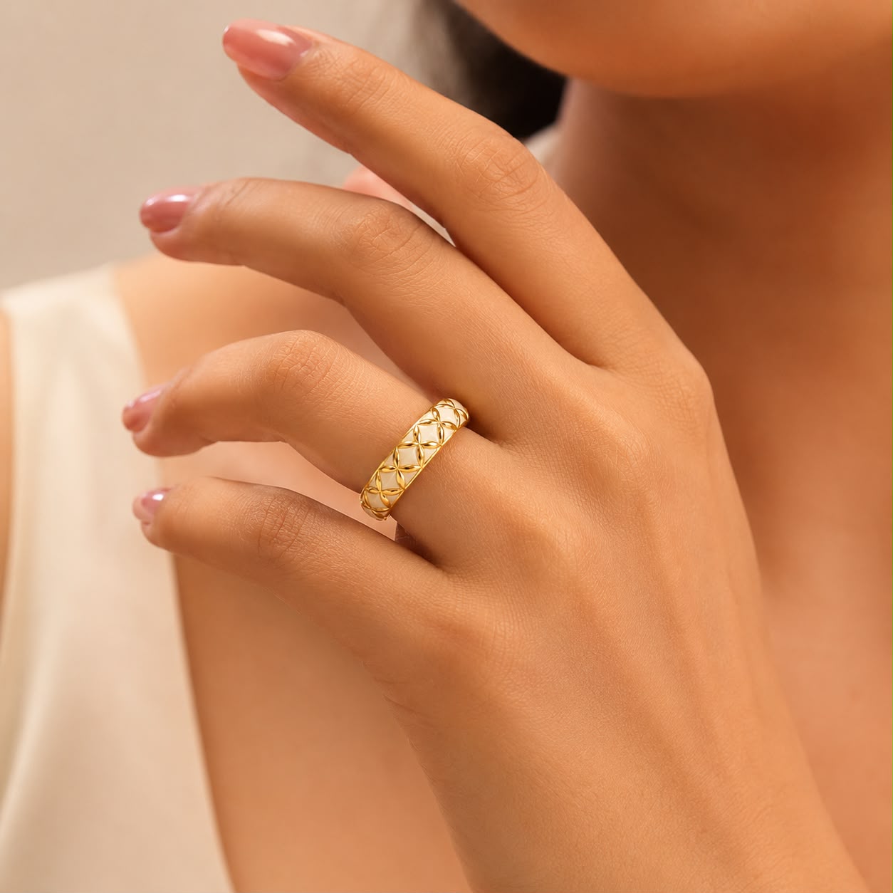 Golden Ivory Floral Band Ring