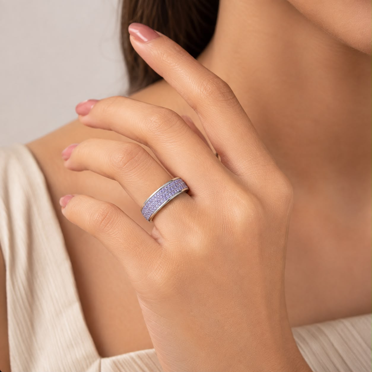 Silver Lavender Crystal Band Ring