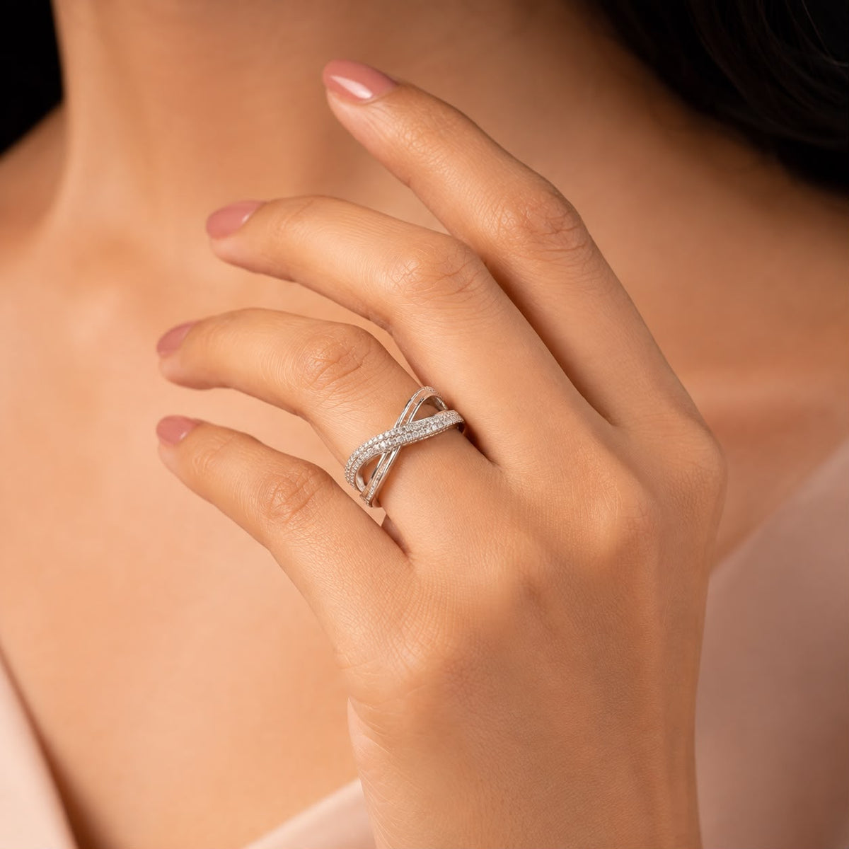 Silver Crystal Crossover Ring