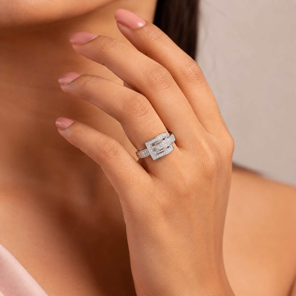 Silver Crystal Buckle Ring