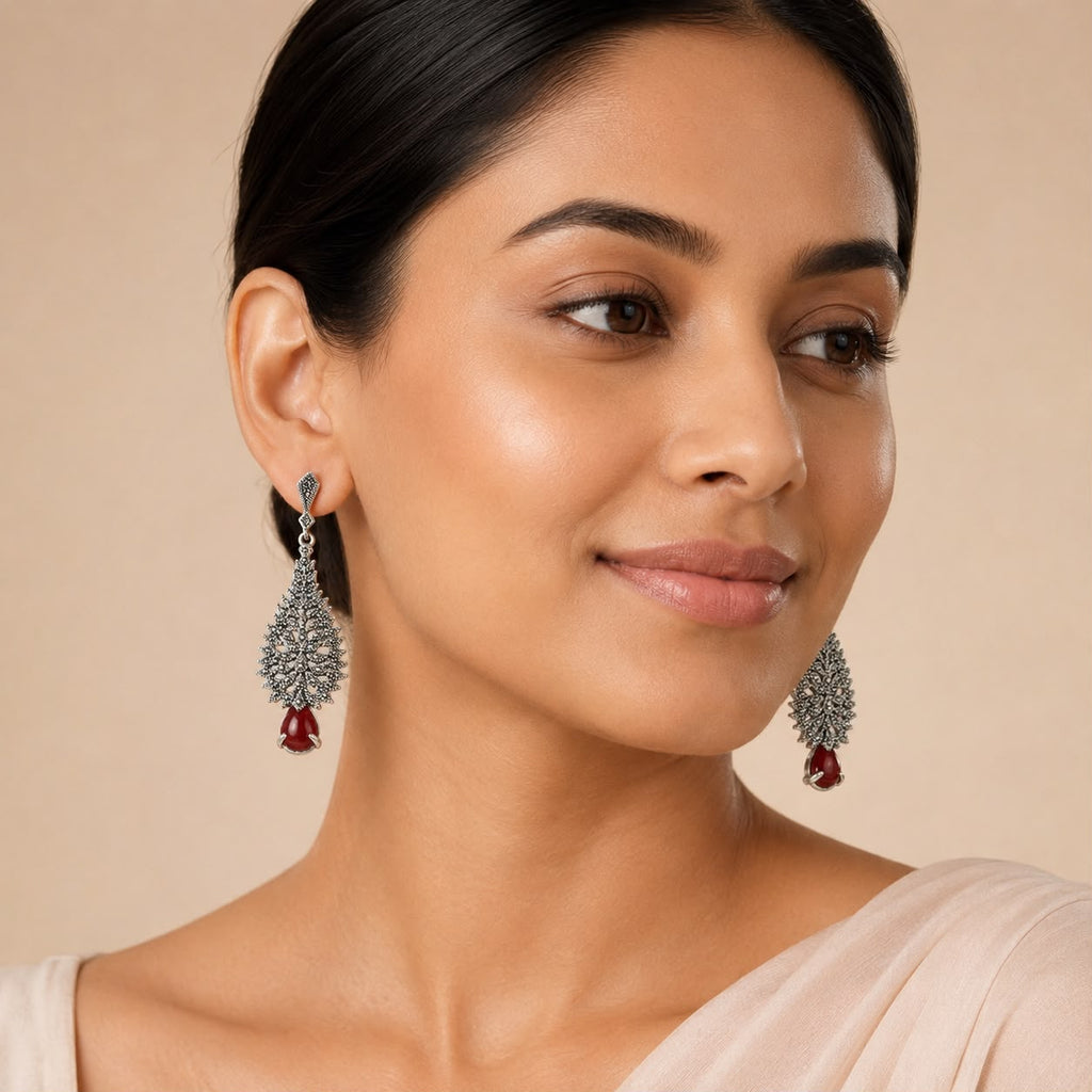 Red Teardrop Filigree Earrings