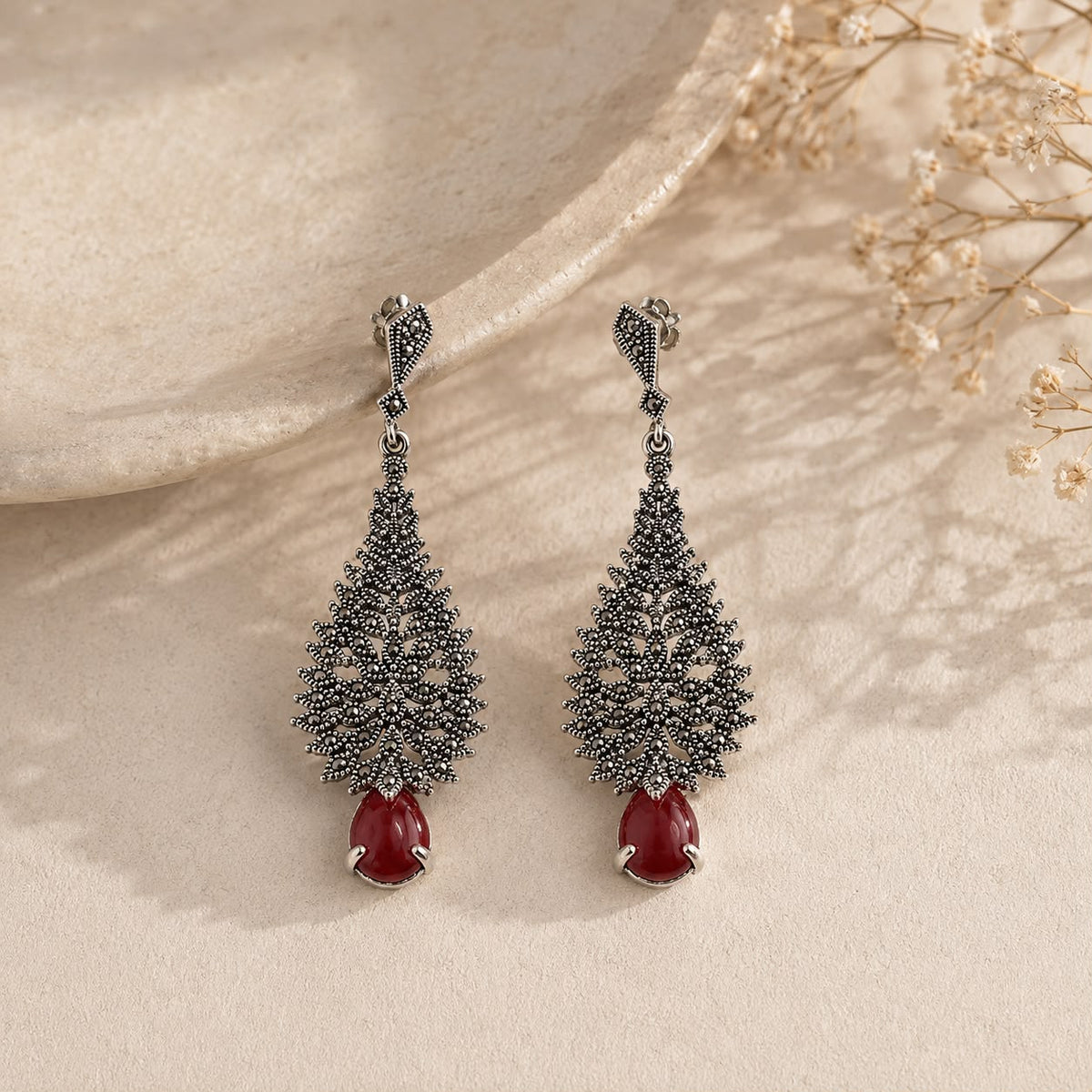 Red Teardrop Filigree Earrings