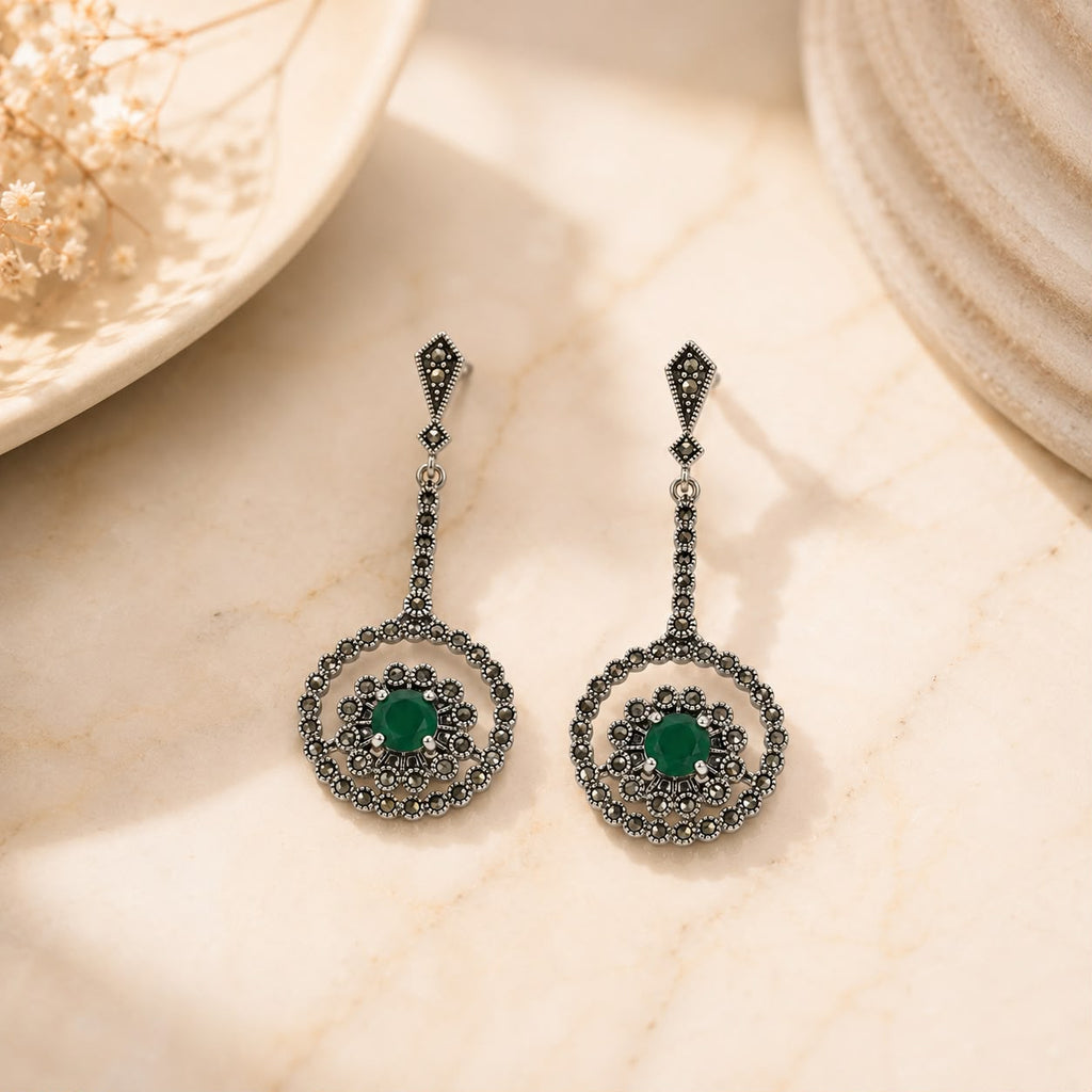 Green Medallion Drop Earrings