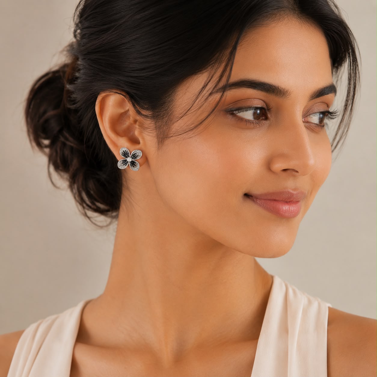 Black Floral Crystal Stud Earrings