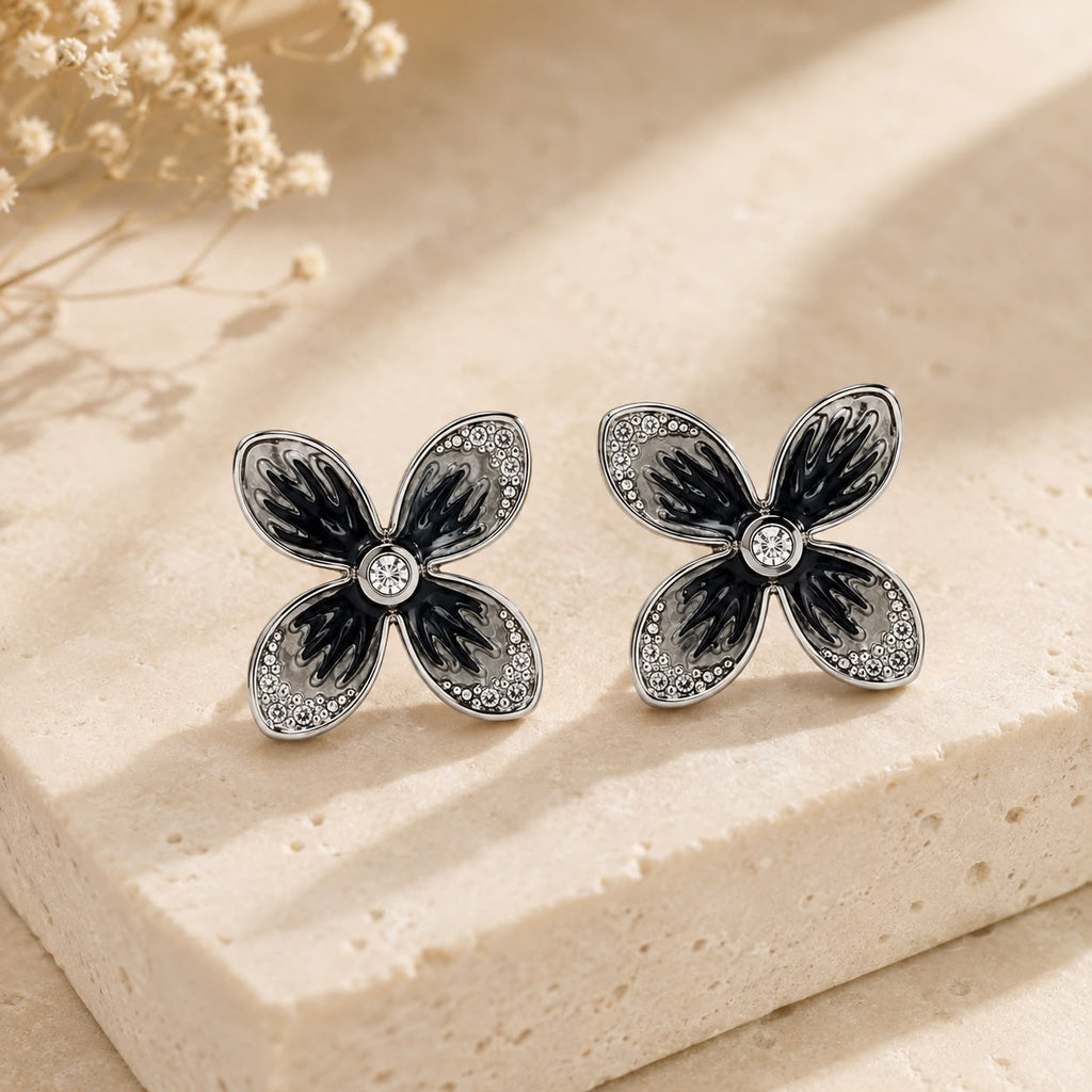 Black Floral Crystal Stud Earrings