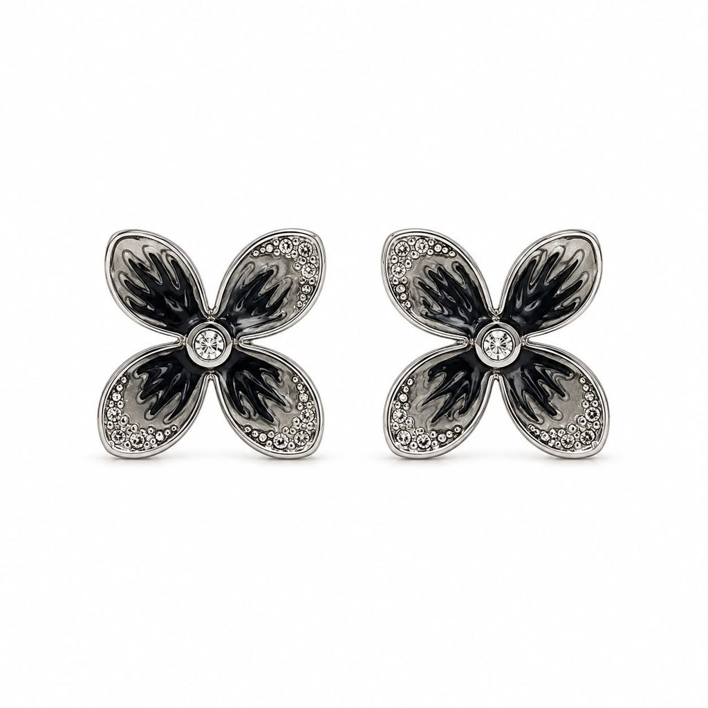 Black Floral Crystal Stud Earrings