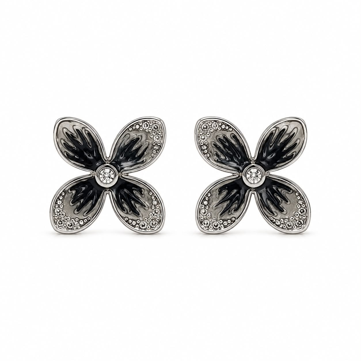Black Floral Crystal Stud Earrings