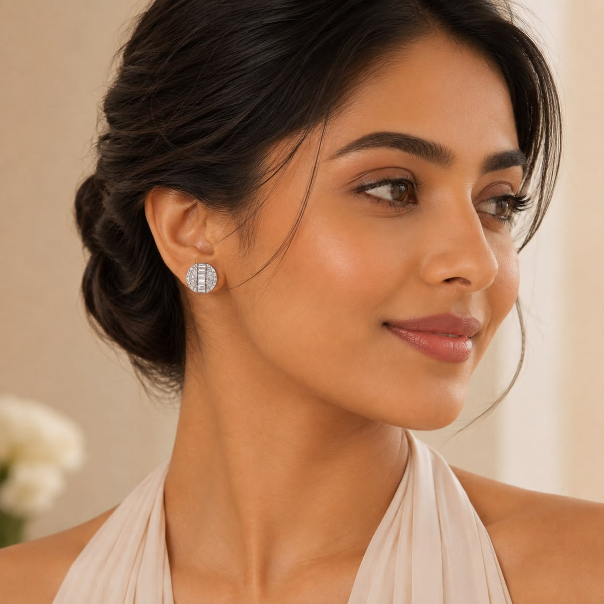 Round Baguette Crystal Stud Earrings