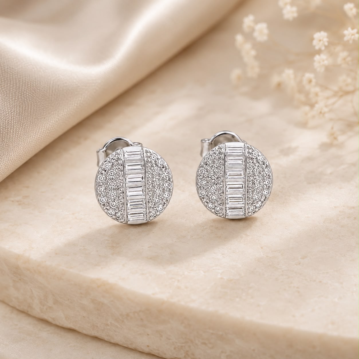 Round Baguette Crystal Stud Earrings