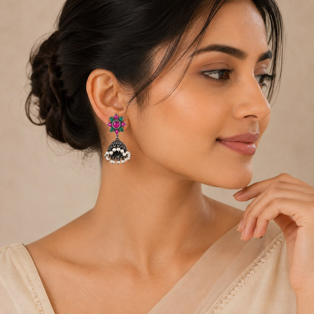 Pink Green Floral Pearl Jhumka Earrings