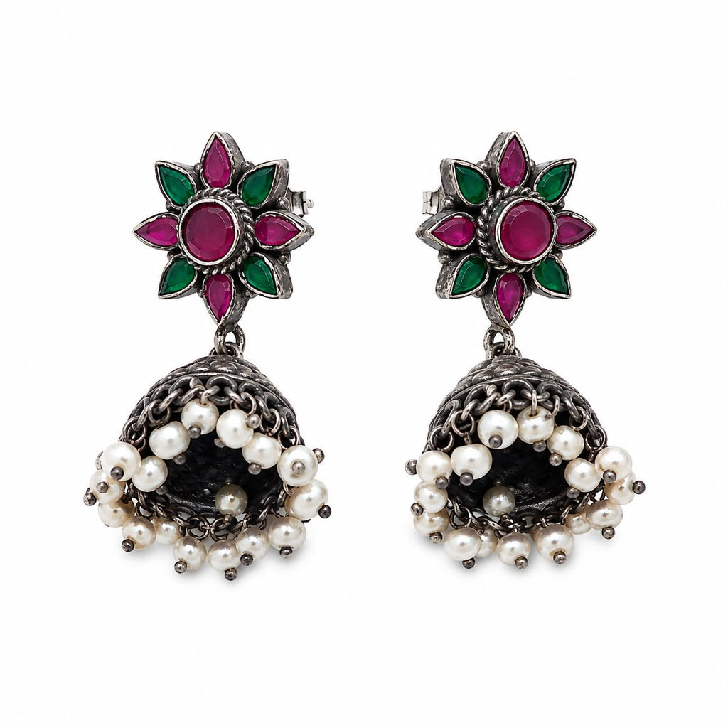 Pink Green Floral Pearl Jhumka Earrings