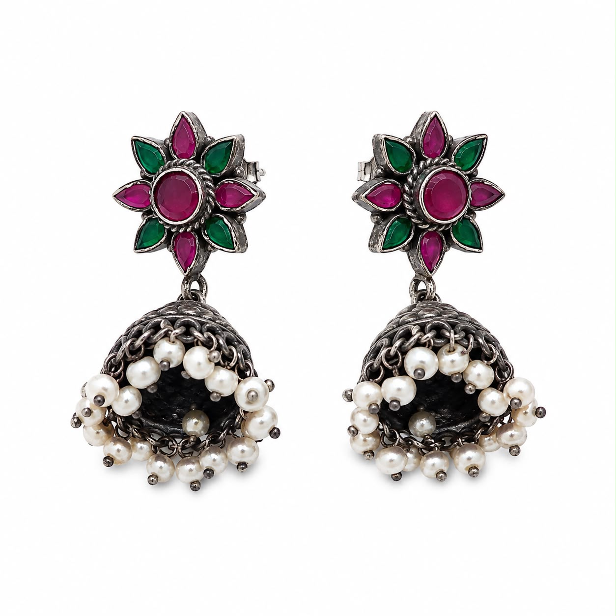 Pink Green Floral Pearl Jhumka Earrings