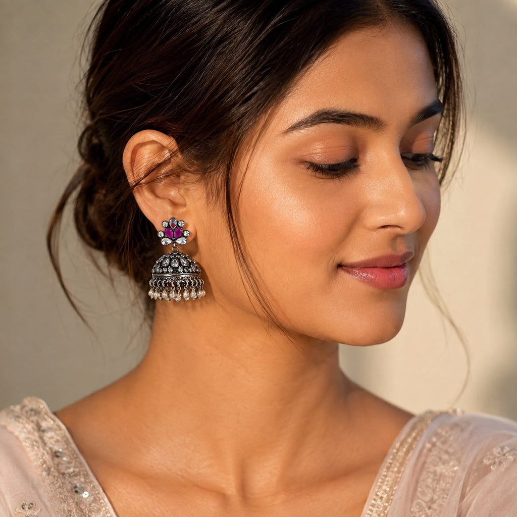 Pink Crystal Antique Jhumka Earrings