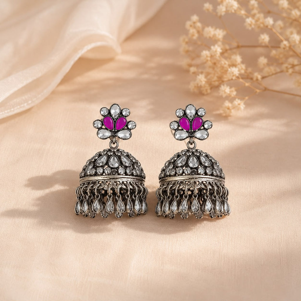 Pink Crystal Antique Jhumka Earrings