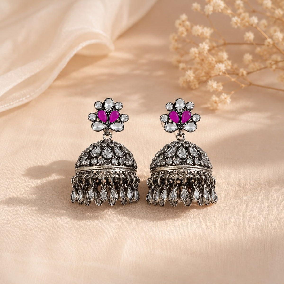 Pink Crystal Antique Jhumka Earrings