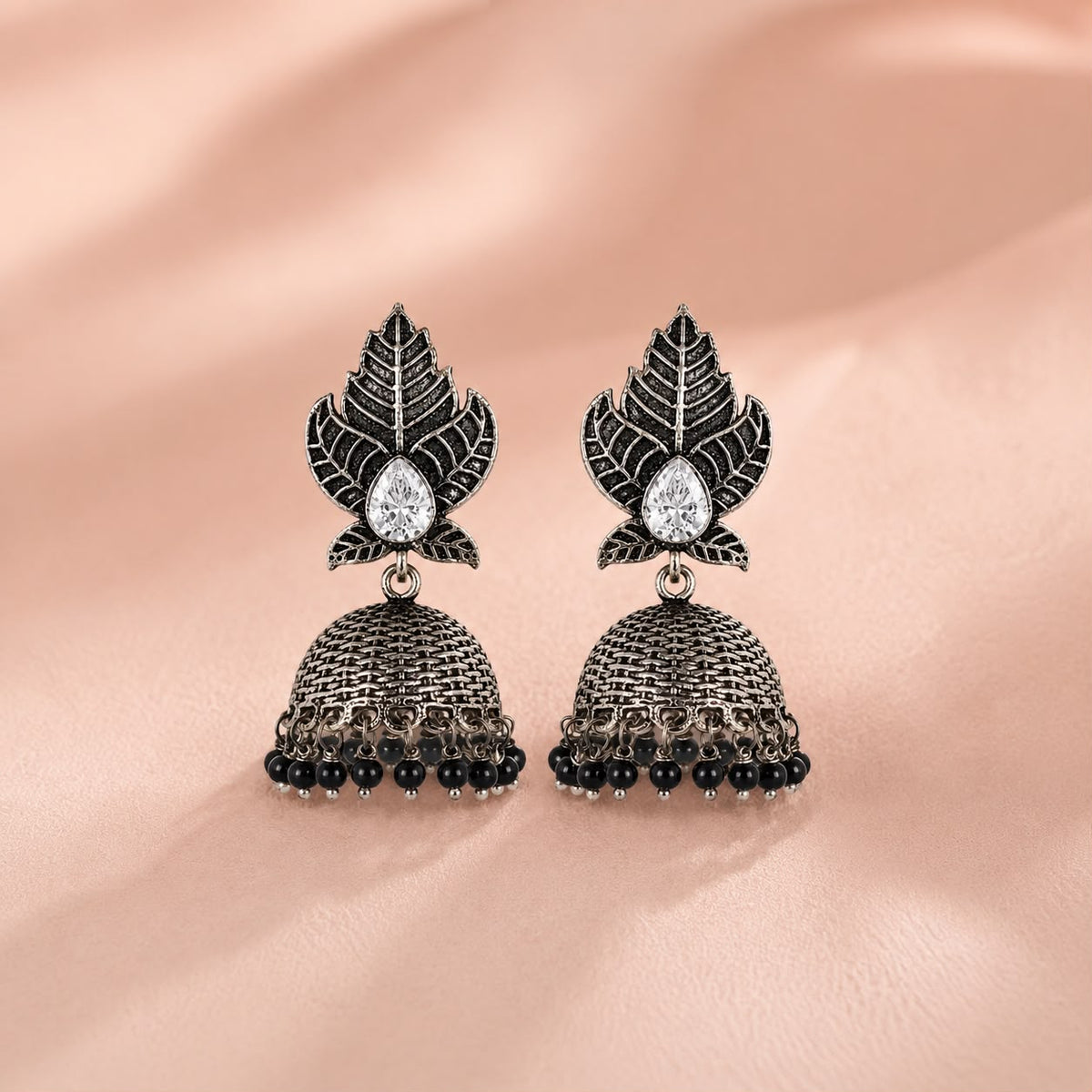 Crystal Leaf Black Bead Jhumka Earrings