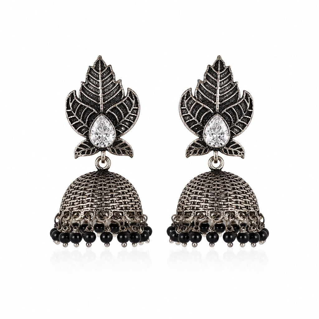 Crystal Leaf Black Bead Jhumka Earrings