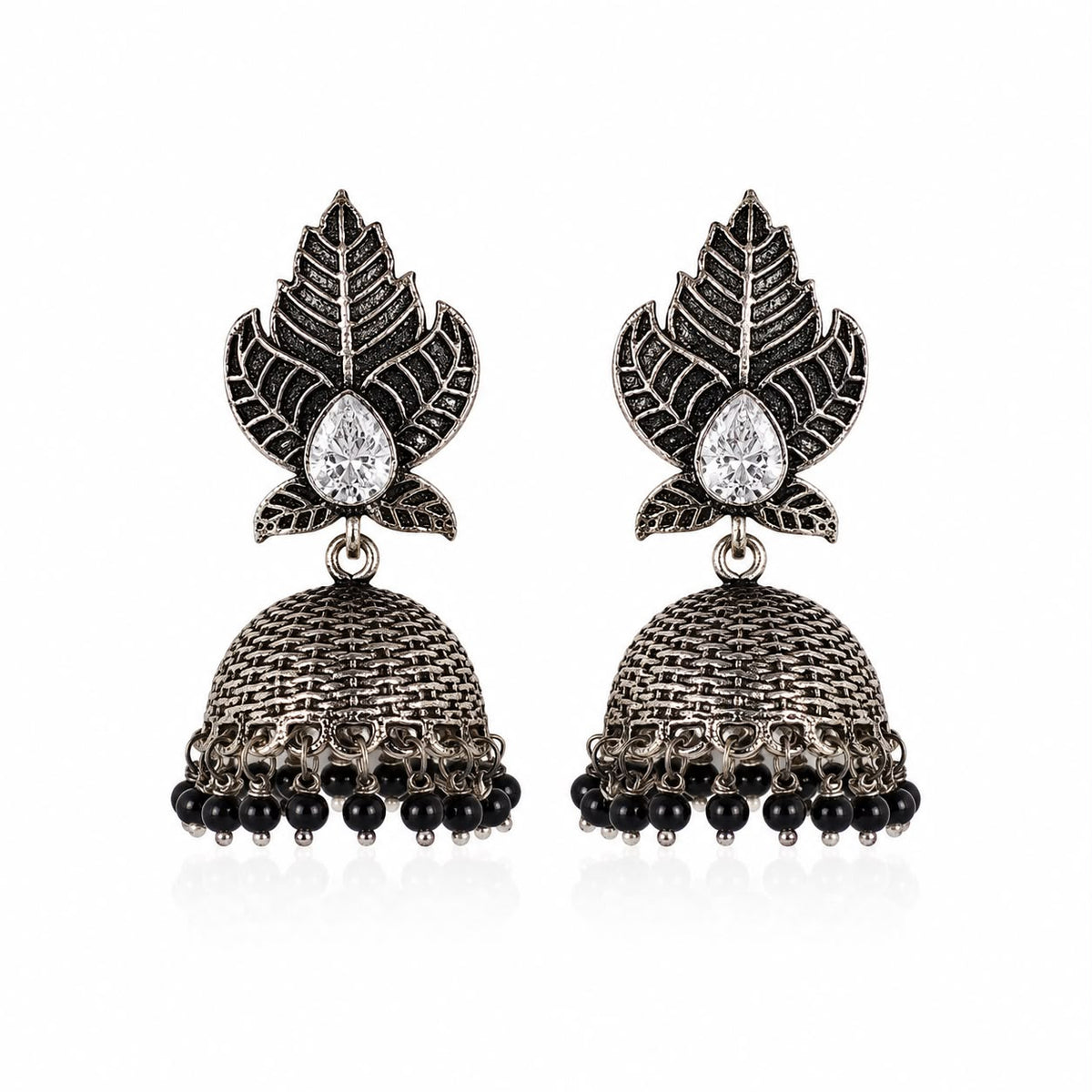 Crystal Leaf Black Bead Jhumka Earrings