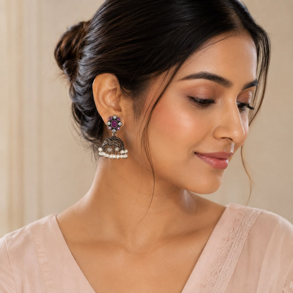 Pink Pearl Floral Jhumka Earrings