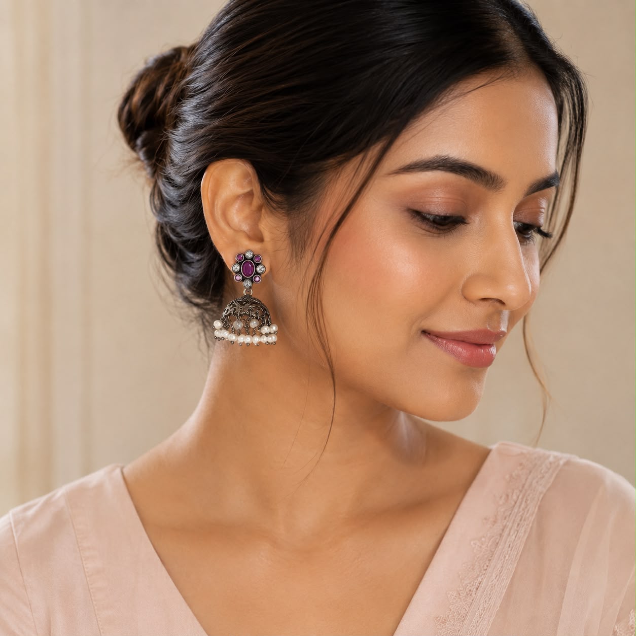 Pink Pearl Floral Jhumka Earrings