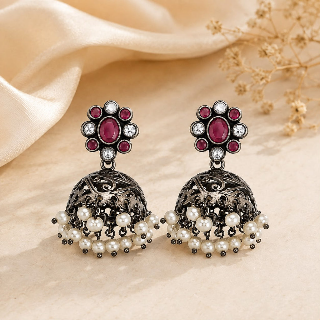 Pink Pearl Floral Jhumka Earrings