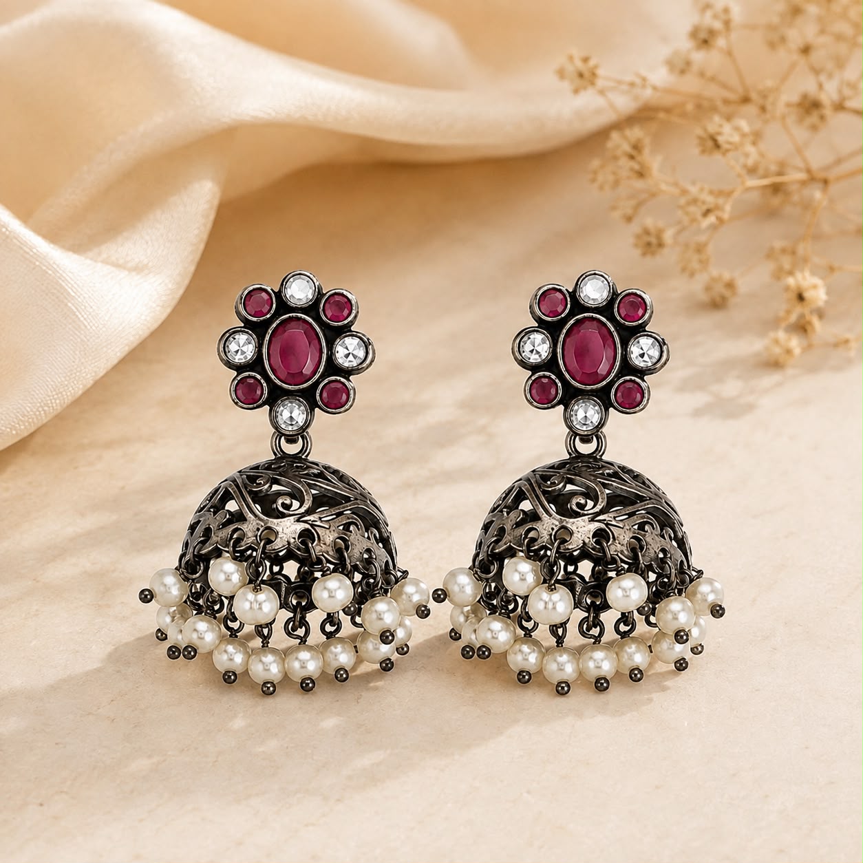 Pink Pearl Floral Jhumka Earrings