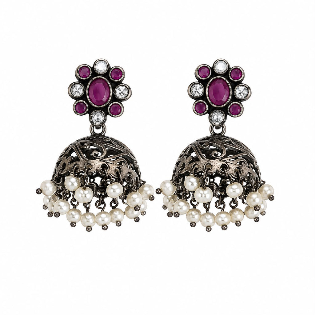 Pink Pearl Floral Jhumka Earrings