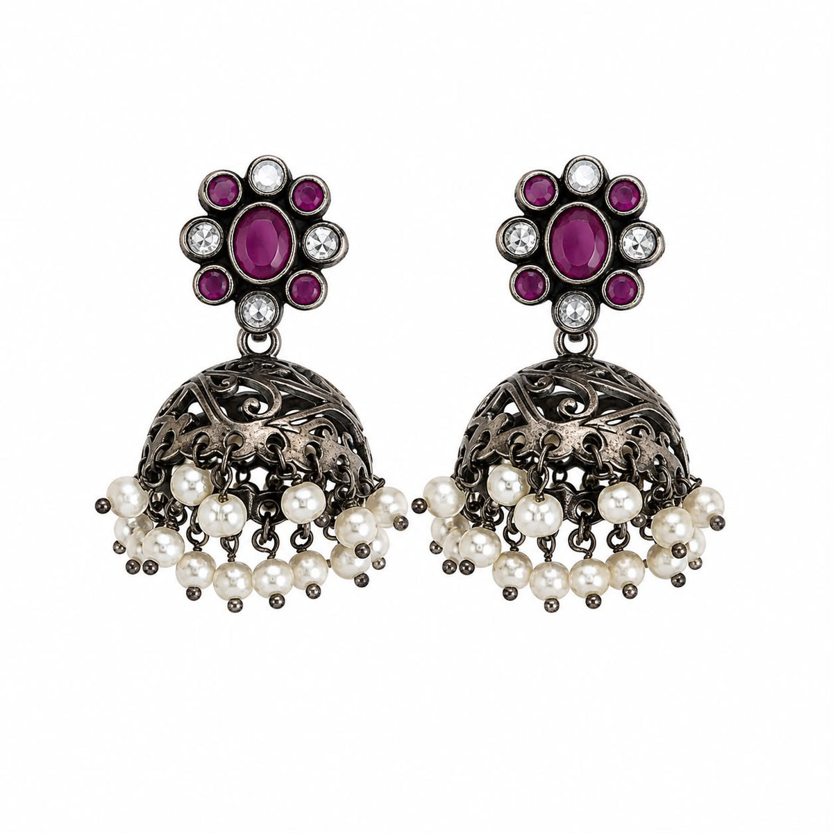 Pink Pearl Floral Jhumka Earrings
