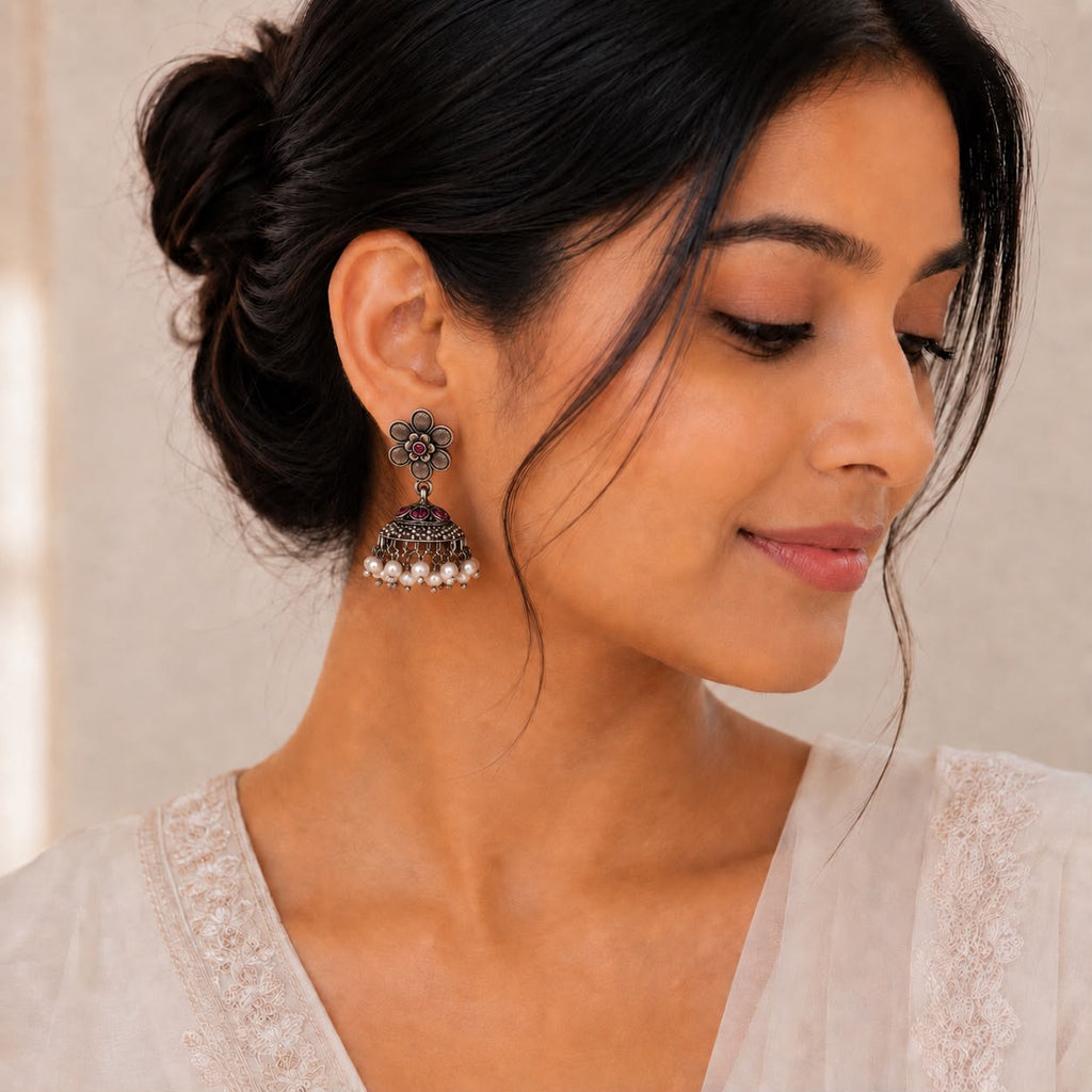 Antique Pink Floral Pearl Jhumka Earrings
