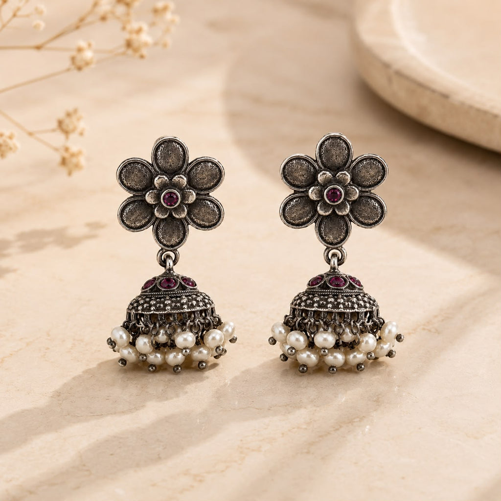 Antique Pink Floral Pearl Jhumka Earrings