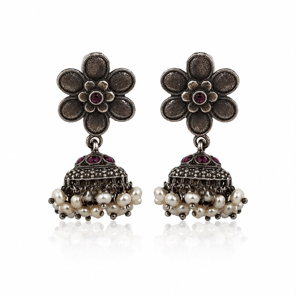 Antique Pink Floral Pearl Jhumka Earrings