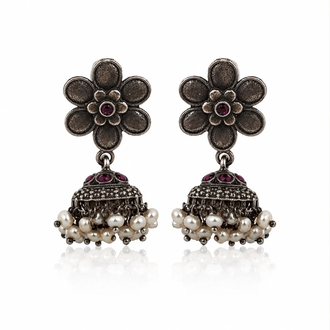 Antique Pink Floral Pearl Jhumka Earrings