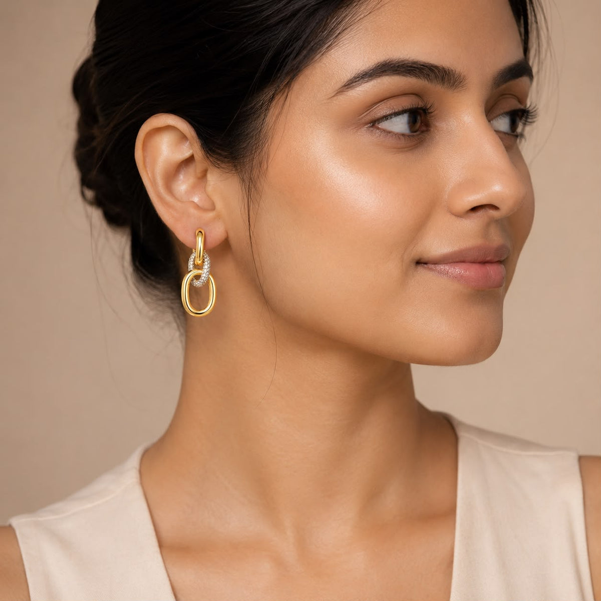 Gold Crystal Interlocking Oval Drop Earrings