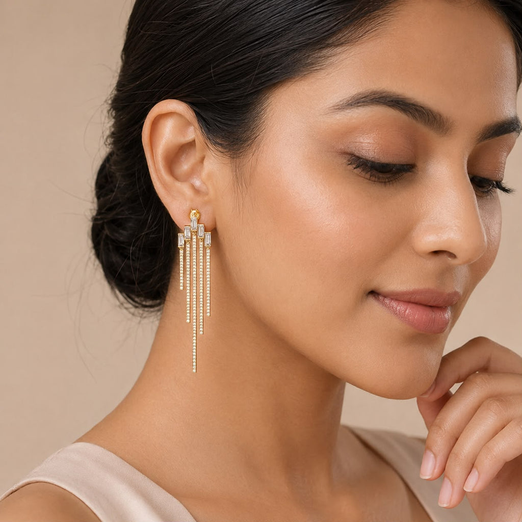 Gold Baguette Crystal Fringe Earrings