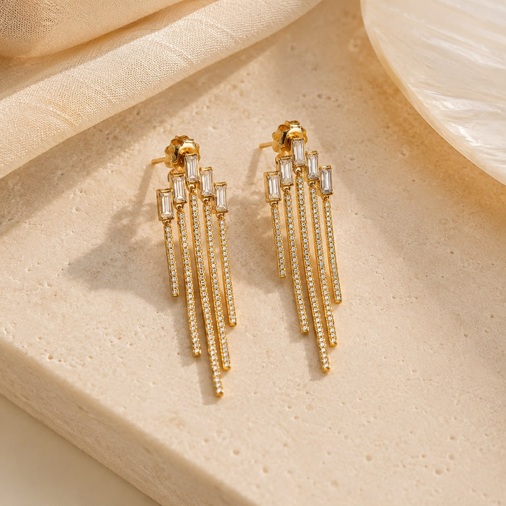 Gold Baguette Crystal Fringe Earrings