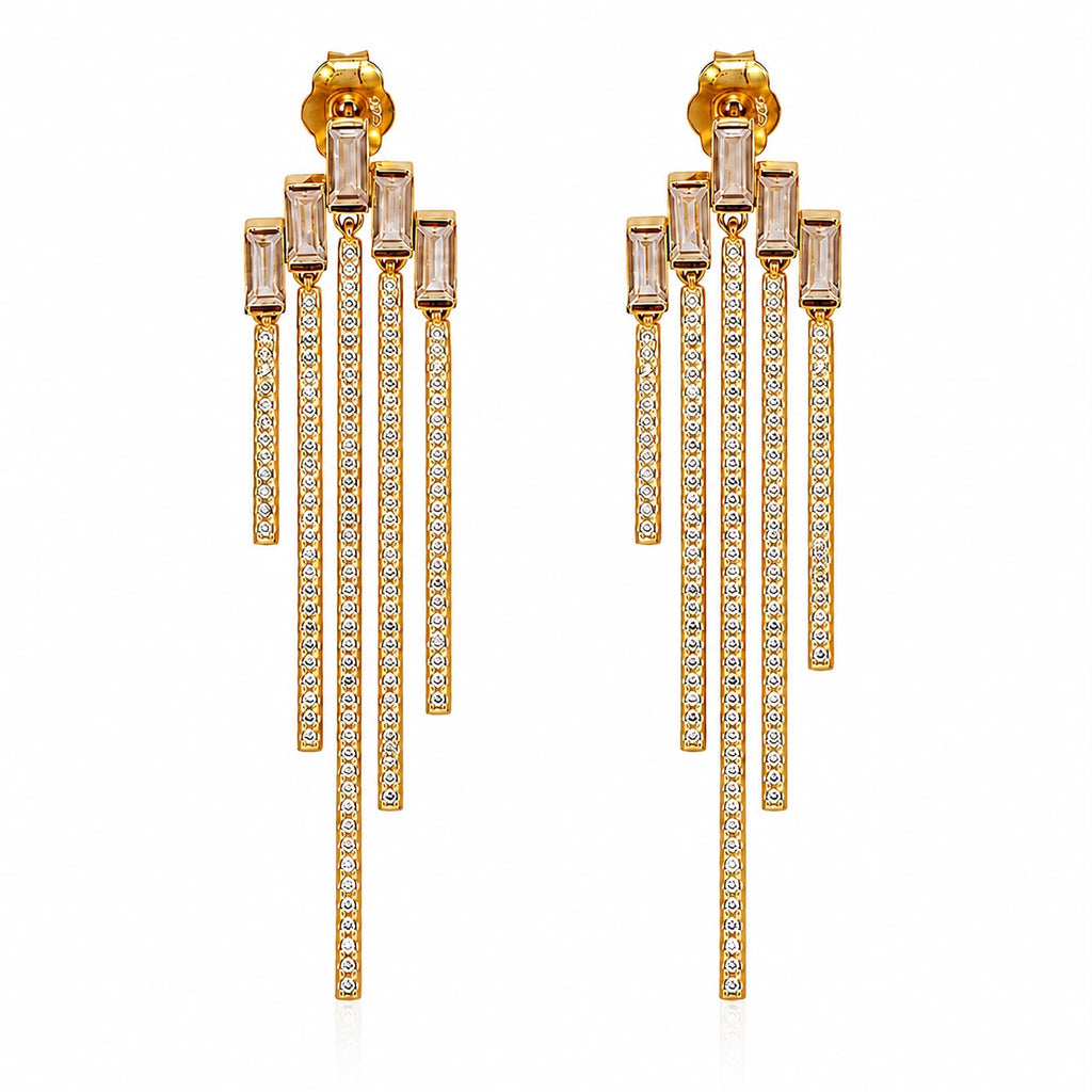 Gold Baguette Crystal Fringe Earrings