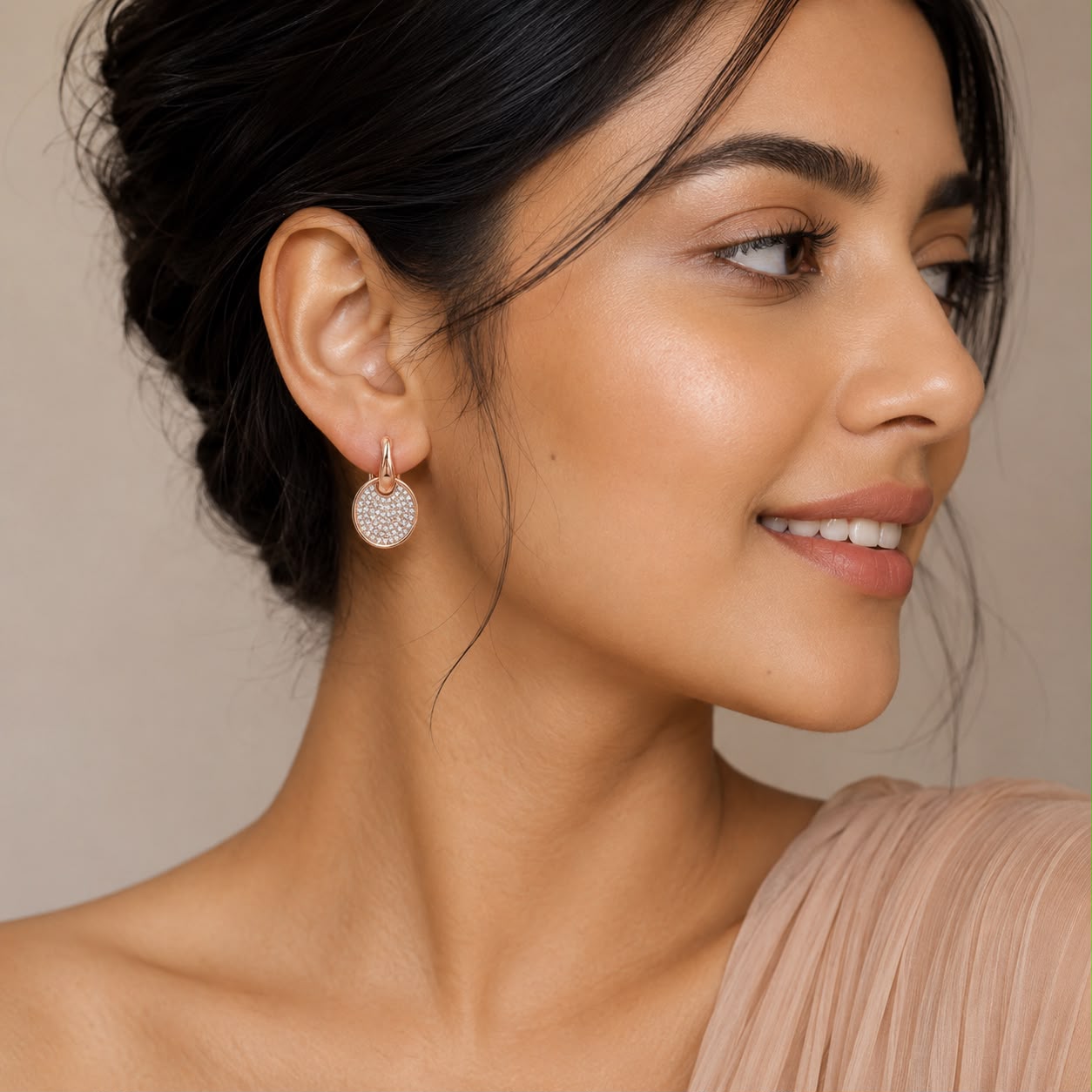Rose Gold Crystal Oval Charm Hoop Earrings