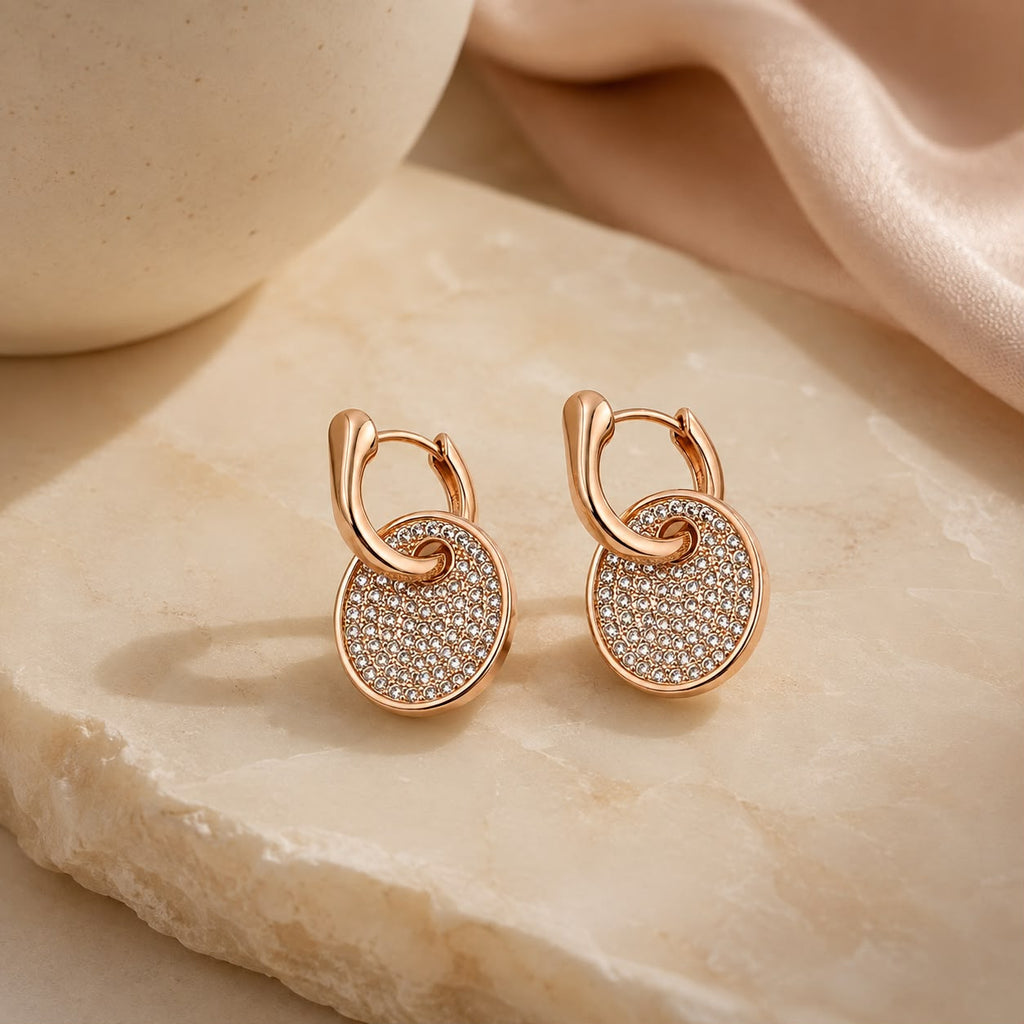Rose Gold Crystal Oval Charm Hoop Earrings