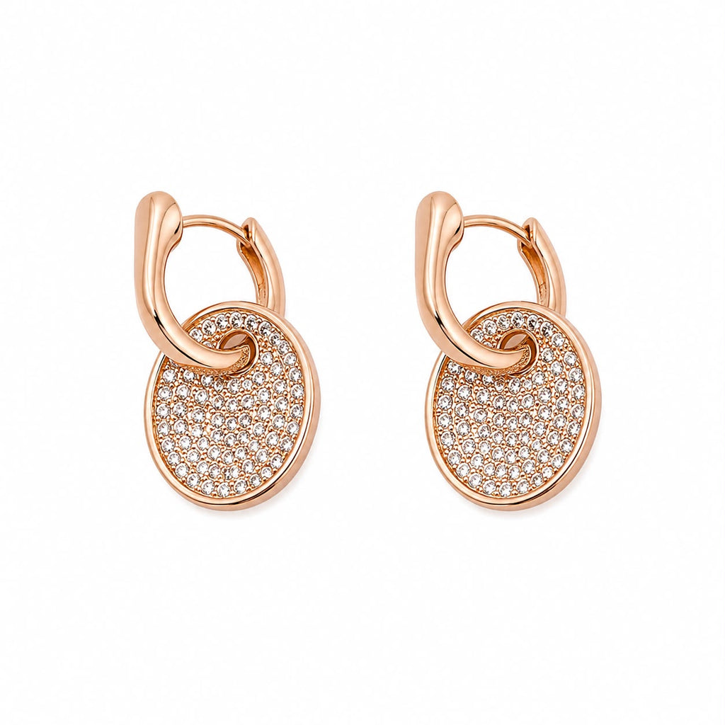 Rose Gold Crystal Oval Charm Hoop Earrings