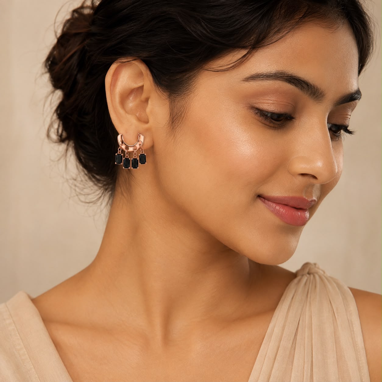 Black Baguette Charm Hoop Earrings