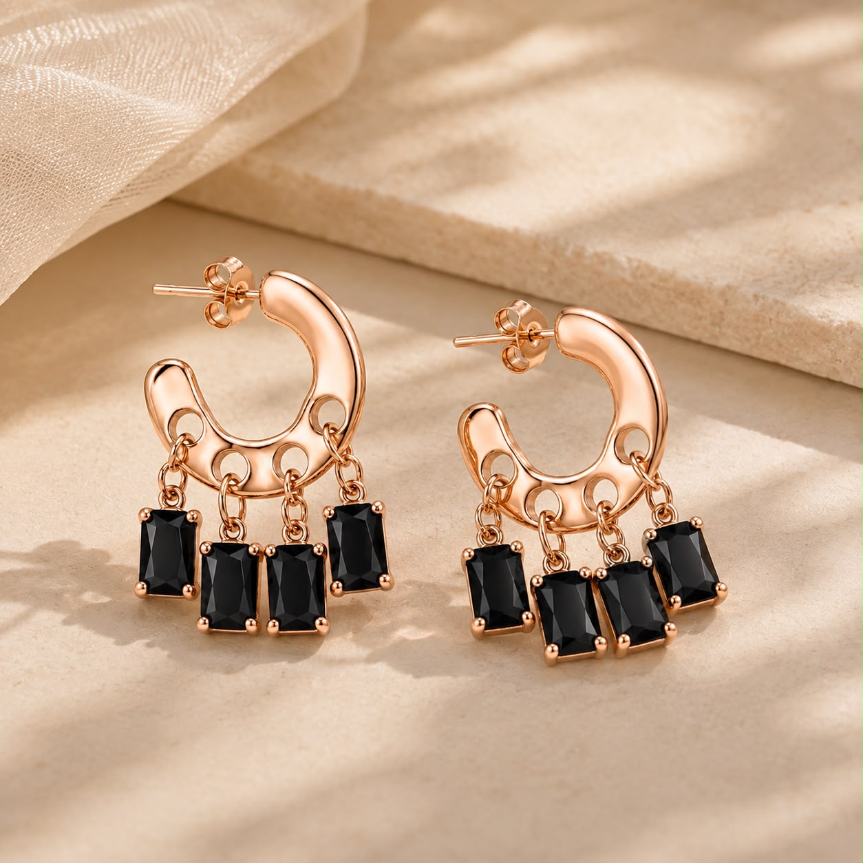 Black Baguette Charm Hoop Earrings
