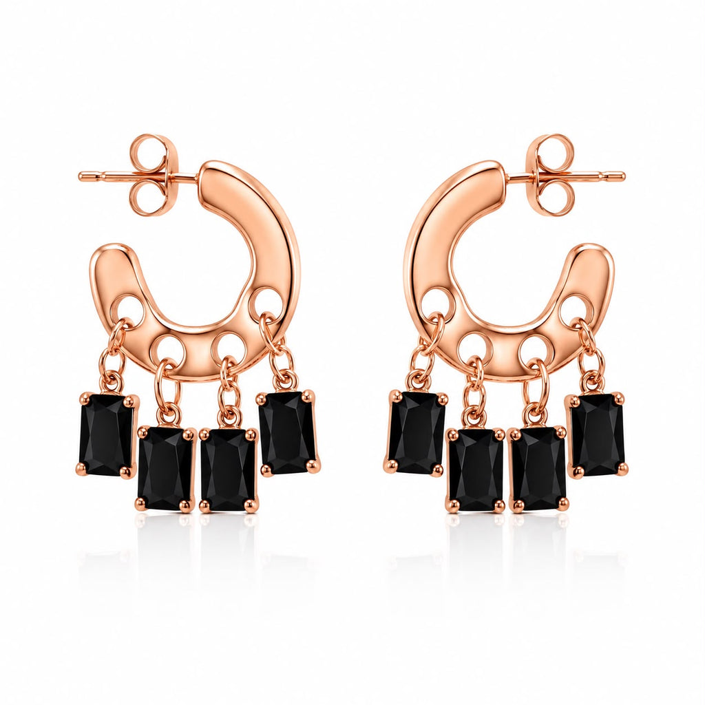 Black Baguette Charm Hoop Earrings