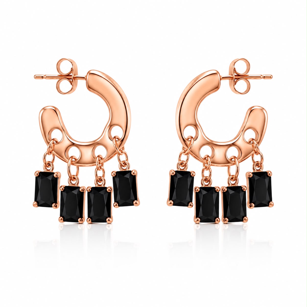 Black Baguette Charm Hoop Earrings