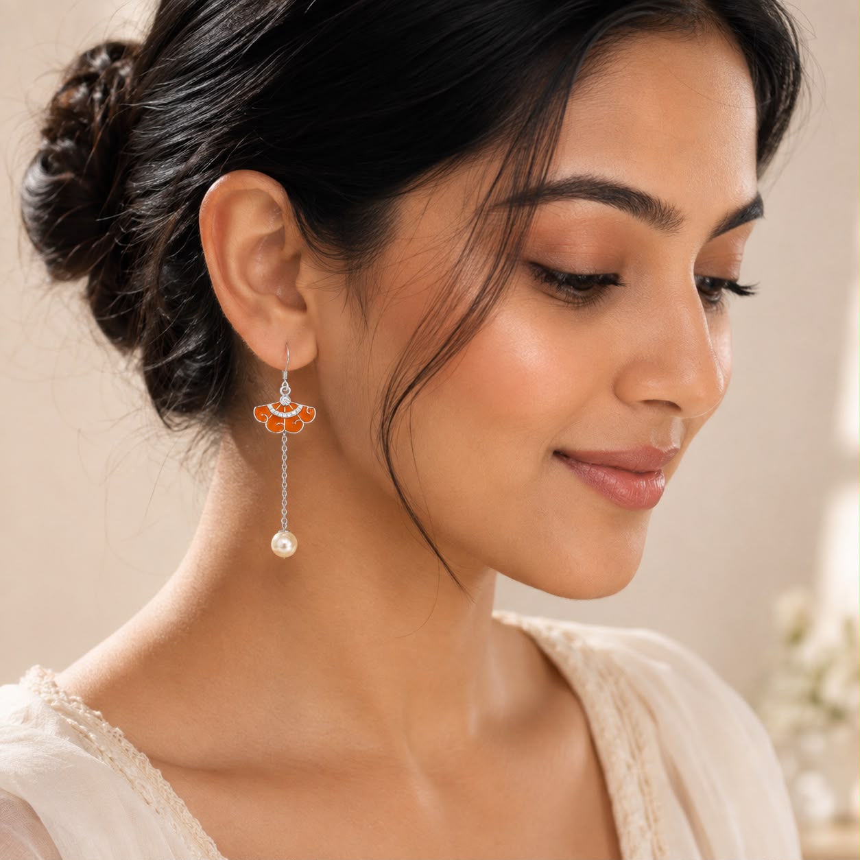 Orange Floral Pearl Chain Drop Earrings