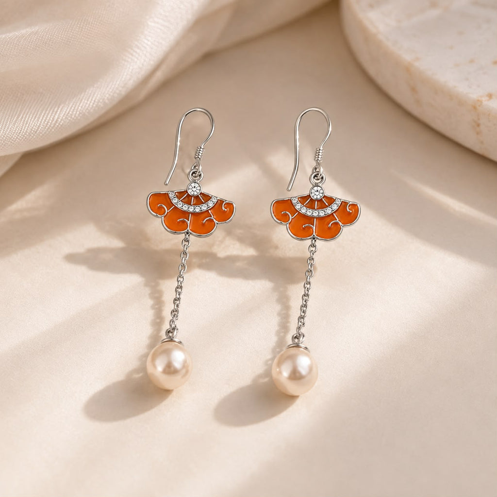 Orange Floral Pearl Chain Drop Earrings