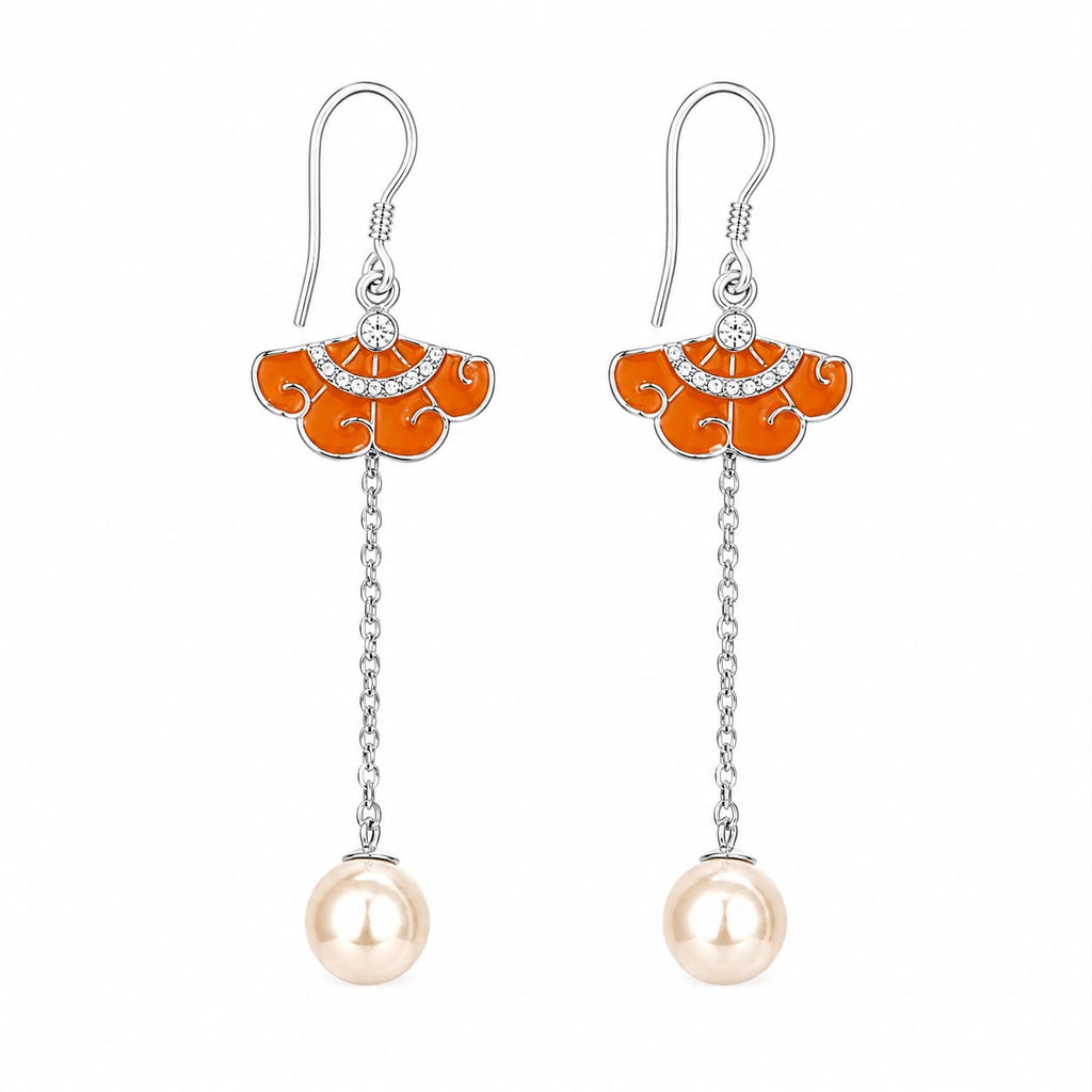 Orange Floral Pearl Chain Drop Earrings