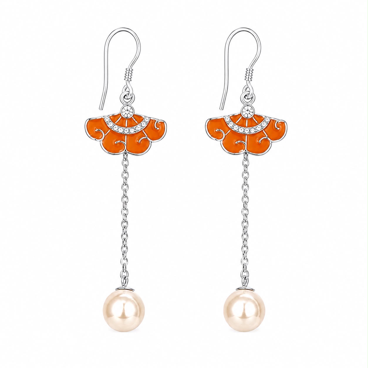 Orange Floral Pearl Chain Drop Earrings